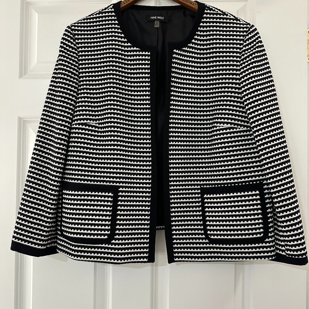 Nine West Size 16 Open-Front Blazer Jacket – Black & White Textured Knit